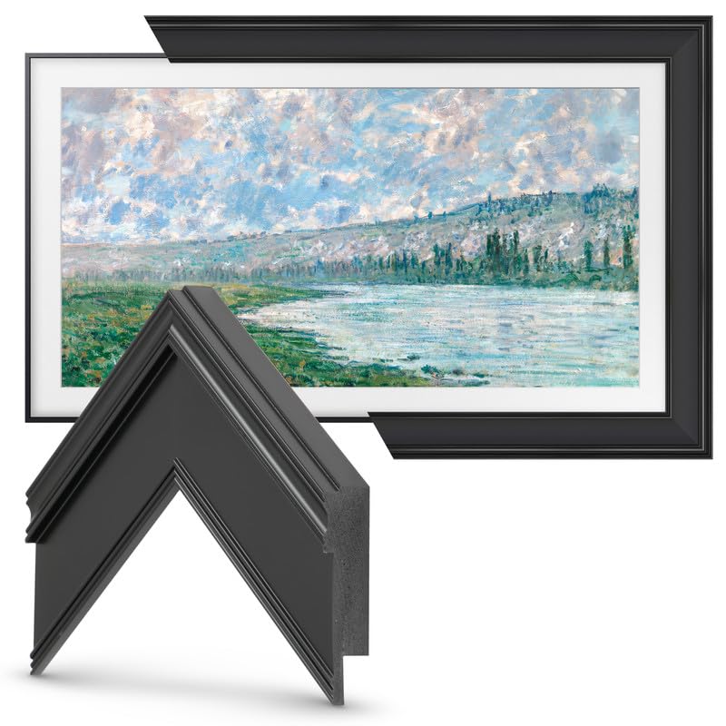 Frame My TV Deco frame beside a Samsung remote shows Bluetooth compatibility.