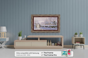 Frame My TV Distressed Barnwood 55 Premiere frame side detail showcases rich grain depth.