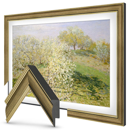 Frame My TV industrial brass 55-inch slim deco frame on Samsung The Frame TV enhances aesthetic appeal.