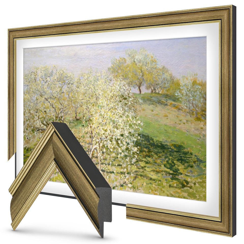 Frame My TV industrial brass 55-inch slim deco frame on Samsung The Frame TV enhances aesthetic appeal.