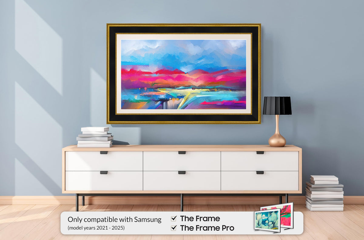 Frame My TV matte black face with warm brushed antique gold channel for ambient light.