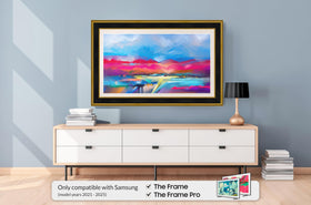 Frame My TV matte black face with warm brushed antique gold channel for ambient light.