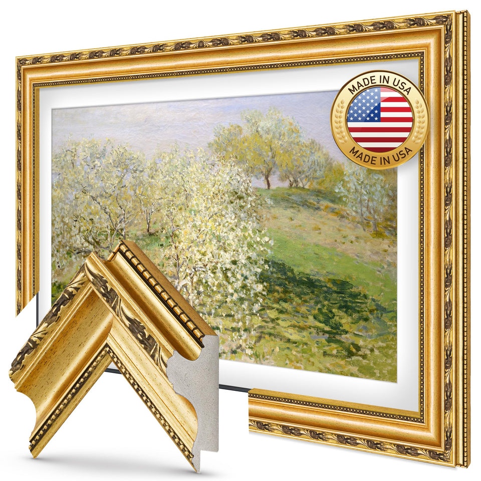Frame My TV Ornate Gold 65-inch frame front view boosts Samsung The Frame aesthetics.