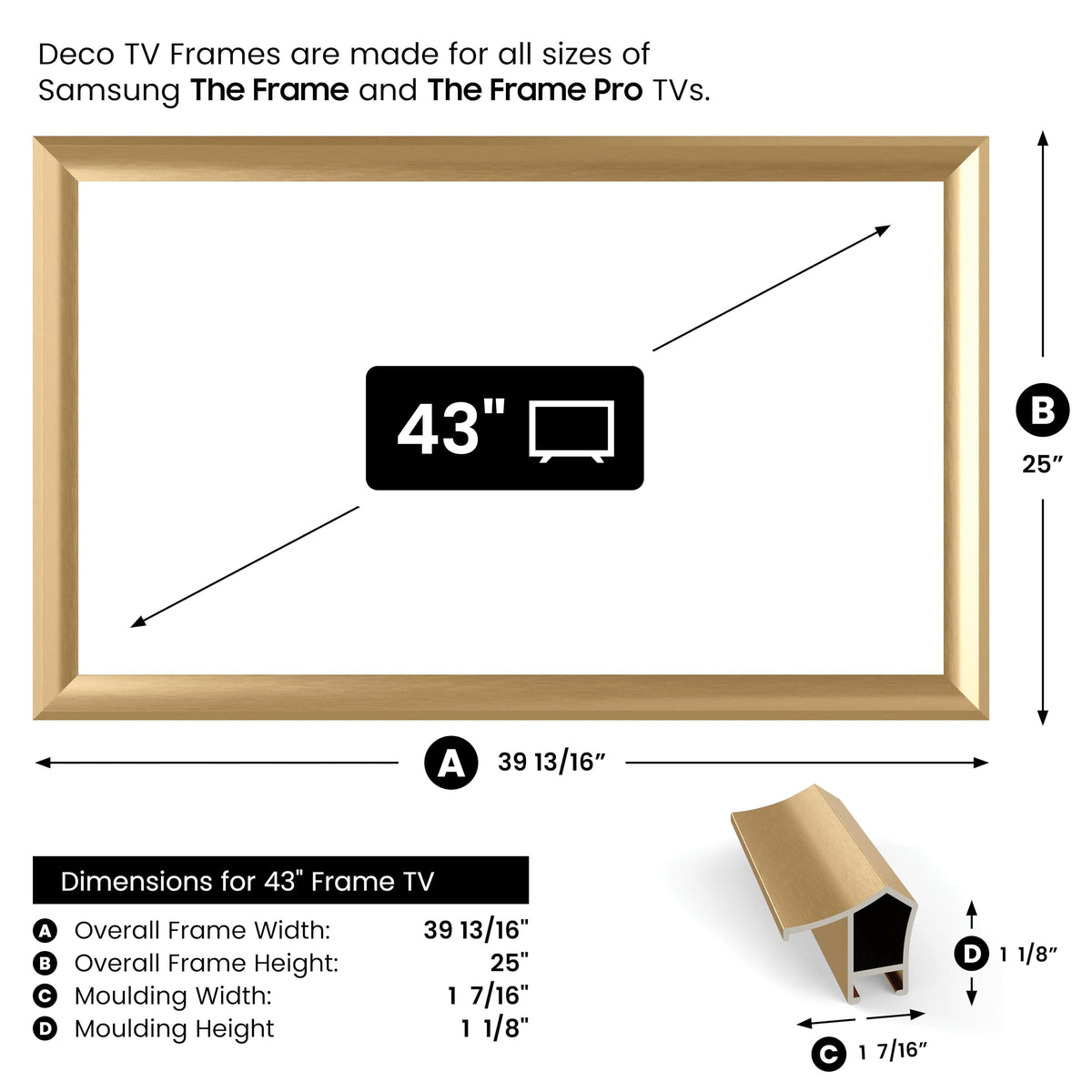 Frame My TV Pale Gold Prismatic 43-inch Deco Frame closeup finish highlights premium details.