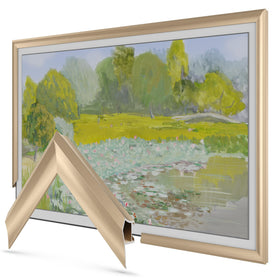 Frame My TV Pale Gold Prismatic 65-inch frame closeup highlights premium finish and precise edge detail.