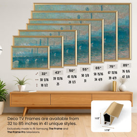 Frame My TV Pale Gold Prismatic 75-Inch Frame placed in living room elevates decor