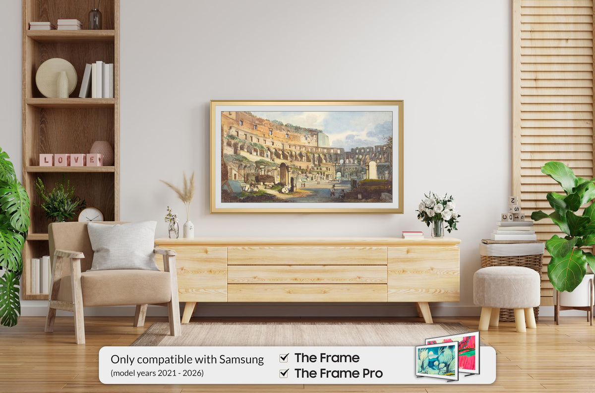 Frame My TV Pale Gold Scoop 32in Deco Frame securely installed on Samsung The Frame TV