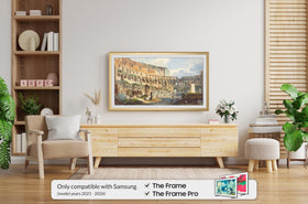 Frame My TV Pale Gold Scoop 32in Deco Frame securely installed on Samsung The Frame TV