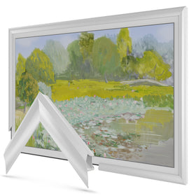 Frame My TV Pure White Prismatic 50-inch frame front view enhances Samsung The Frame aesthetics.