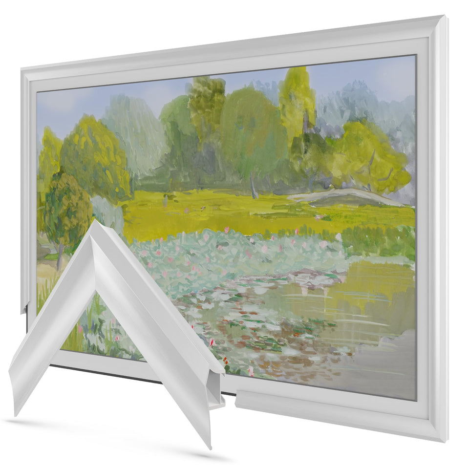 Frame My TV Pure White Prismatic 50-inch frame front view enhances Samsung The Frame aesthetics.