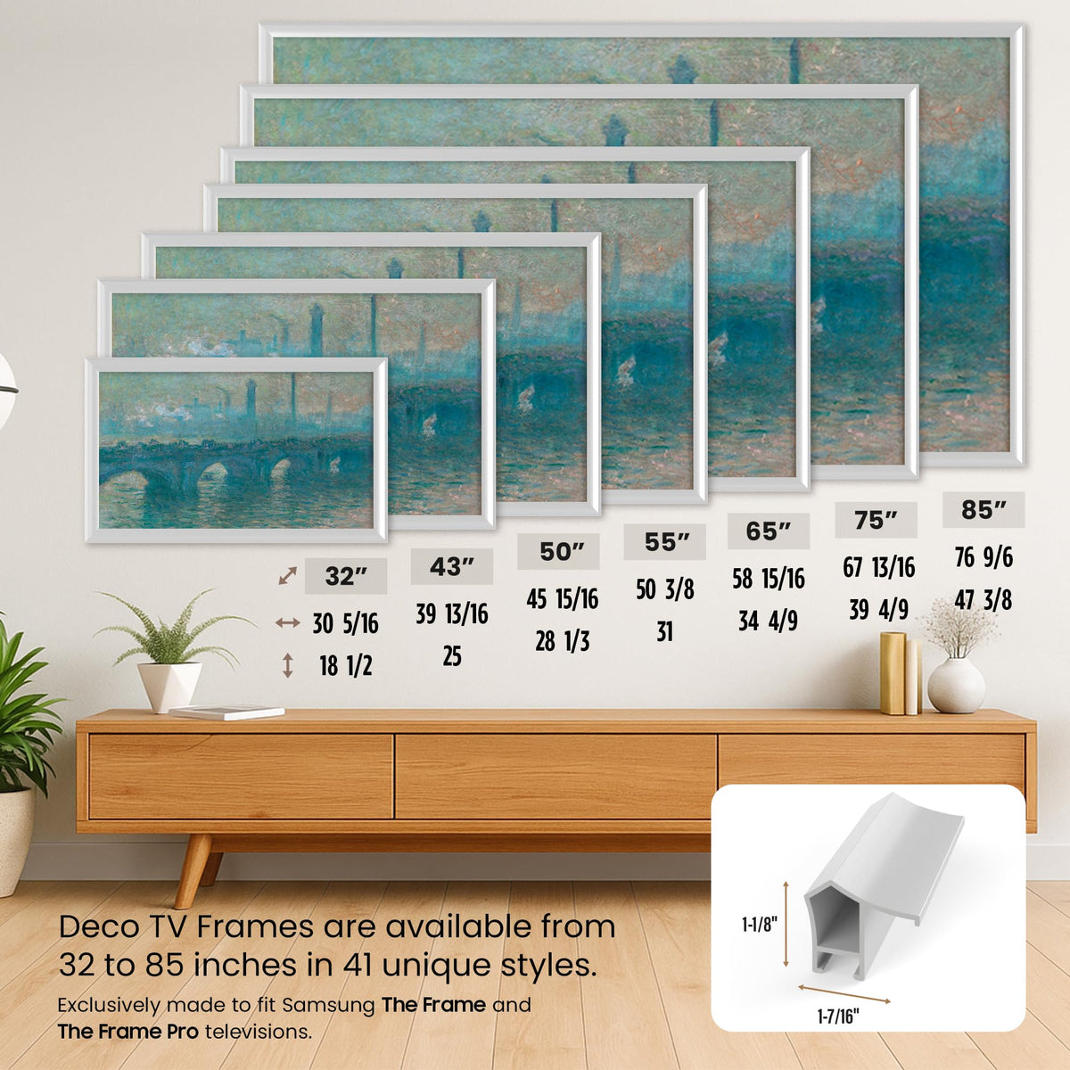 Frame My TV Pure White Prismatic 50-inch frame sensor-friendly setup prevents interference.