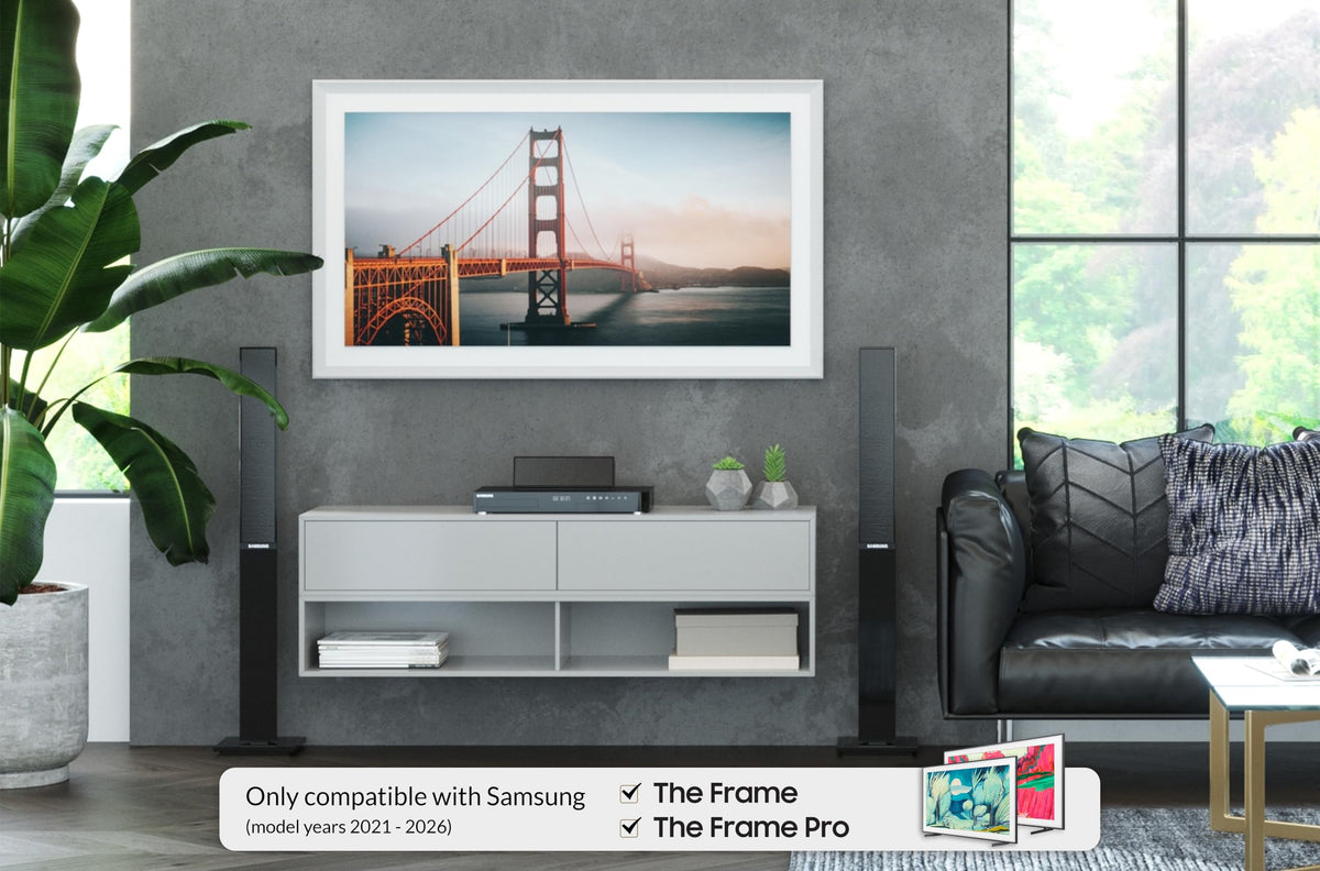 Frame My TV Pure White Prismatic 50-inch frame side angle for a sleek installation.