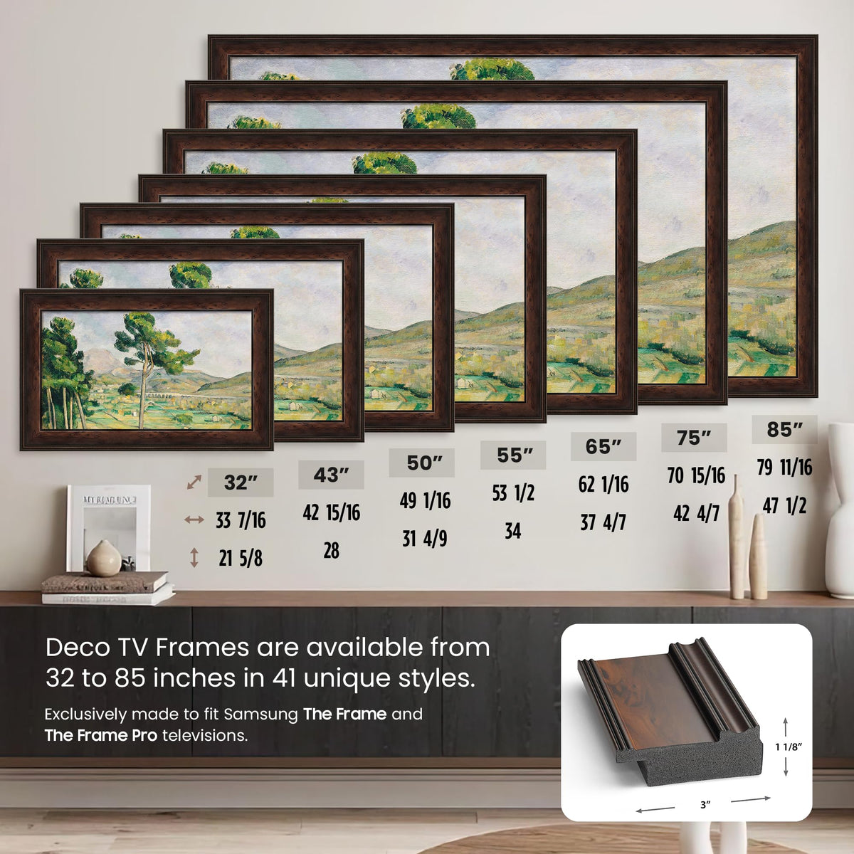 Frame My TV Burlwood 32-inch Deco frame styled on wall in living room