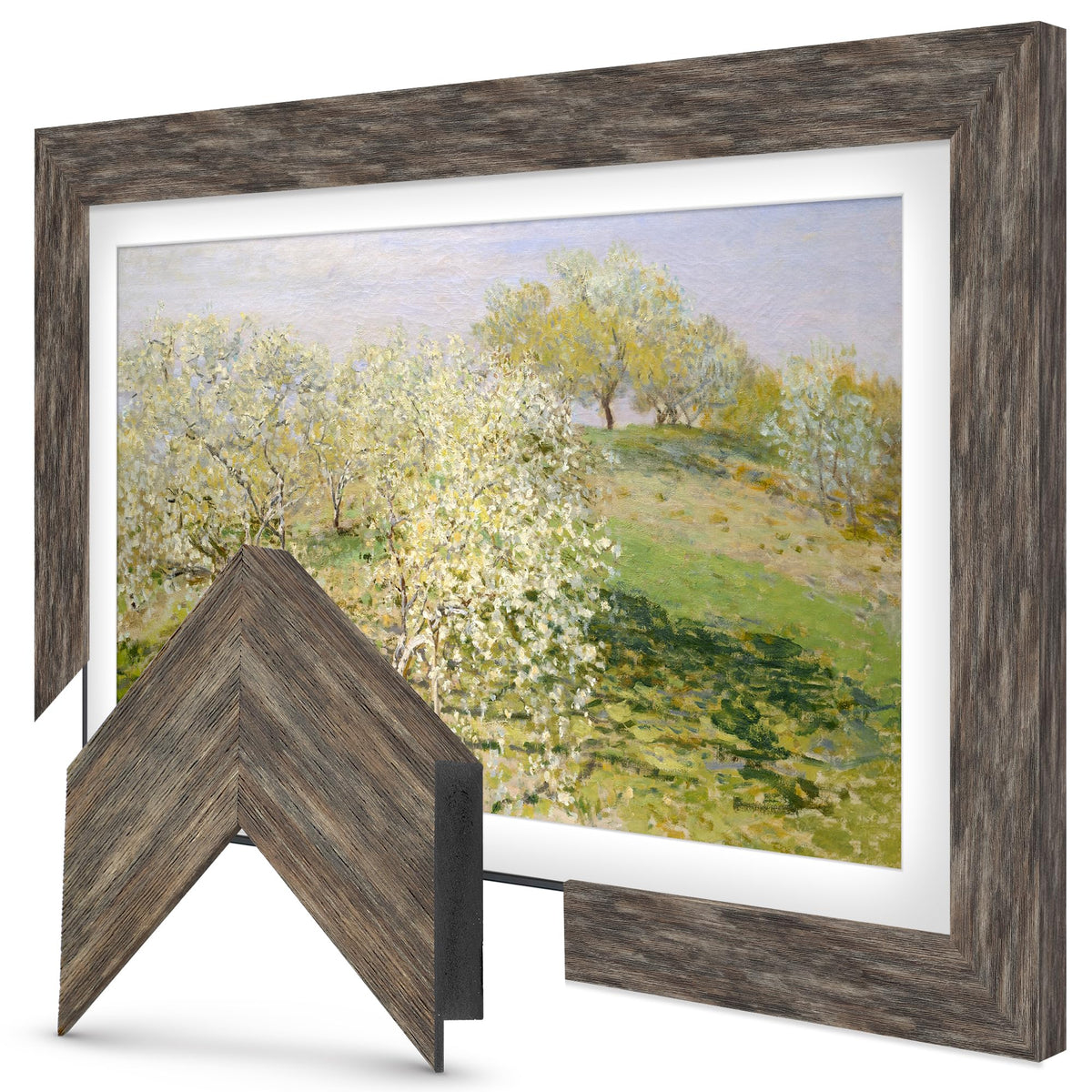 Frame My TV distressed barnwood 43-premiere frame enhances Samsung The Frame aesthetics.
