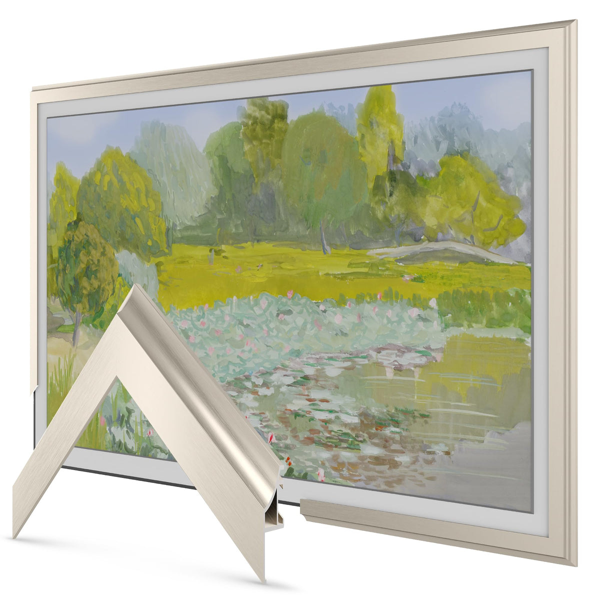 Frame My TV German Silver Deco Frame surrounds a 65-inch screen for elegance