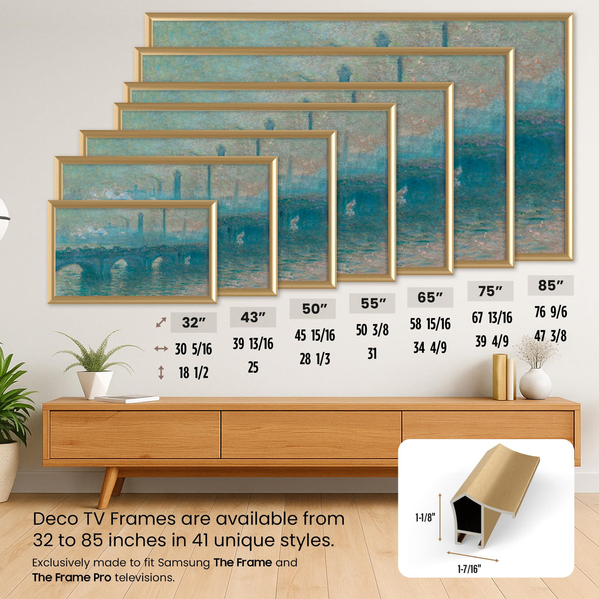 LS03-compatible pale gold prismatic Frame My TV frame highlights compatibility with Samsung The Frame.