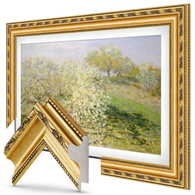Frame My TV Ornate Gold 75-inch Deco frame close-up highlights premium bezel detailing.