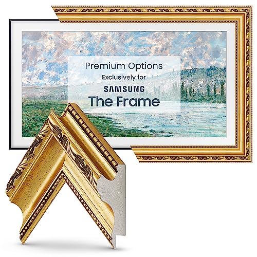 Frame My TV Ornate Gold 75-inch Deco frame enhances wall art aesthetic.