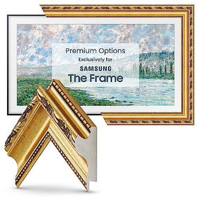 Frame My TV Ornate Gold 75-inch Deco frame enhances wall art aesthetic.