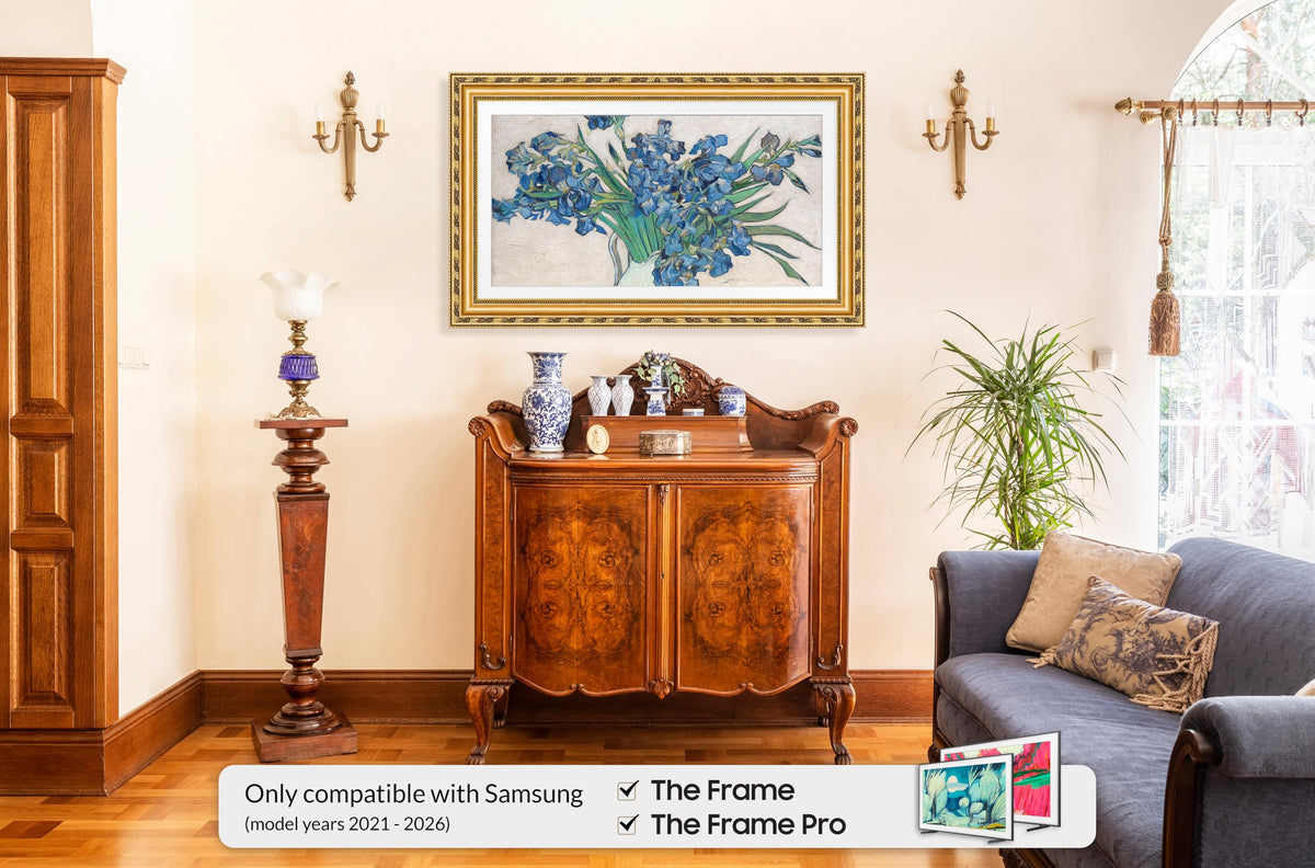 Frame My TV Ornate Gold 75-inch Deco frame mounted on Samsung The Frame TV.