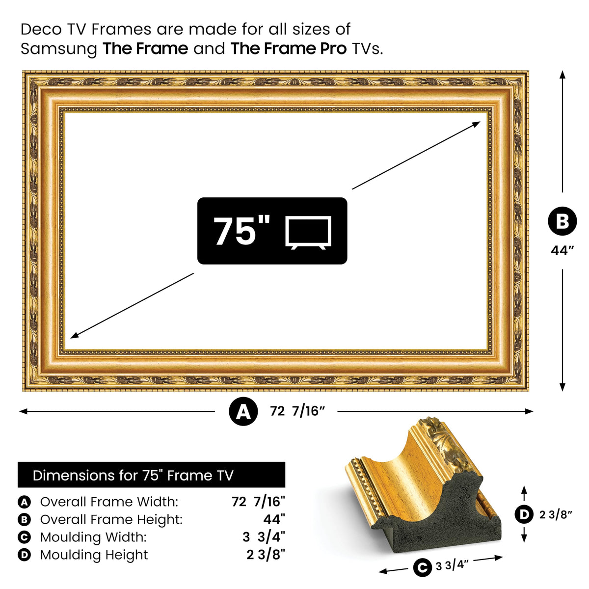 Frame My TV Ornate Gold 75-inch Deco frame installed in a modern living room.