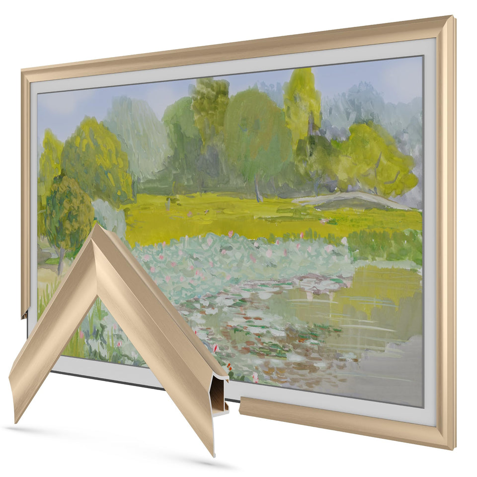 Frame My TV Pale Gold Prismatic 55-inch Deco Frame assembly for a secure, permanent fit.