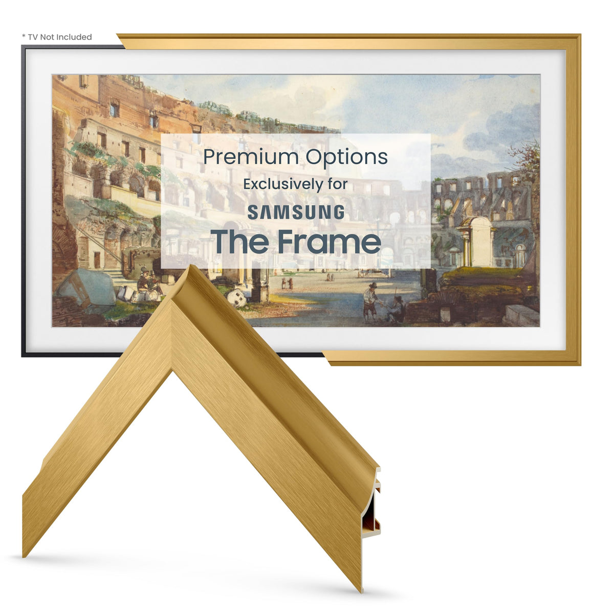 Frame My TV Pale Gold Scoop 55-inch frame wall display option