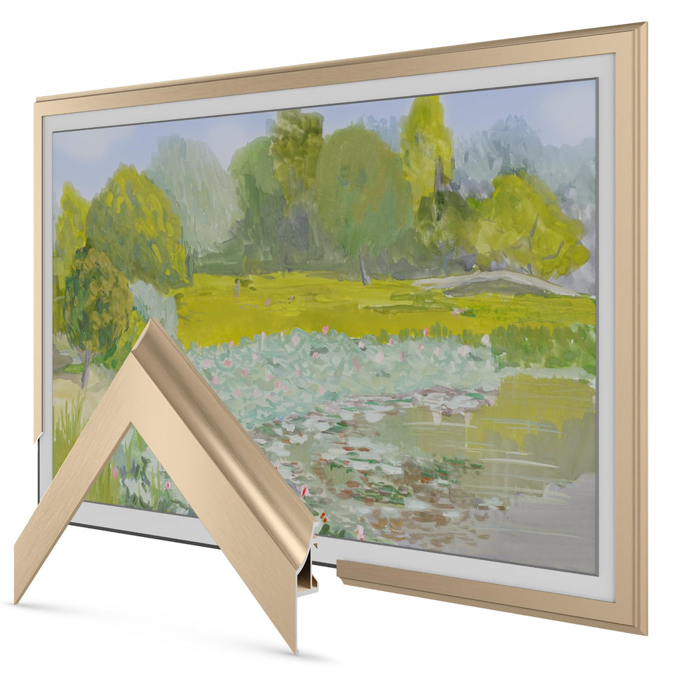 Frame My TV pale gold scoop 65-inch deco frame enhances The Frame aesthetics.