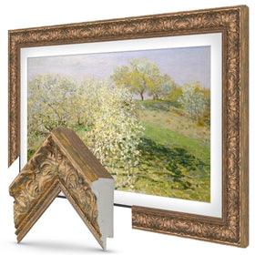 Frame My TV Tuscan Copper 43 Premiere Deco frame closeup showcases copper patina that catches light beautifully.