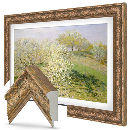 Frame My TV Tuscan Copper 43 Premiere Deco frame closeup showcases copper patina that catches light beautifully.