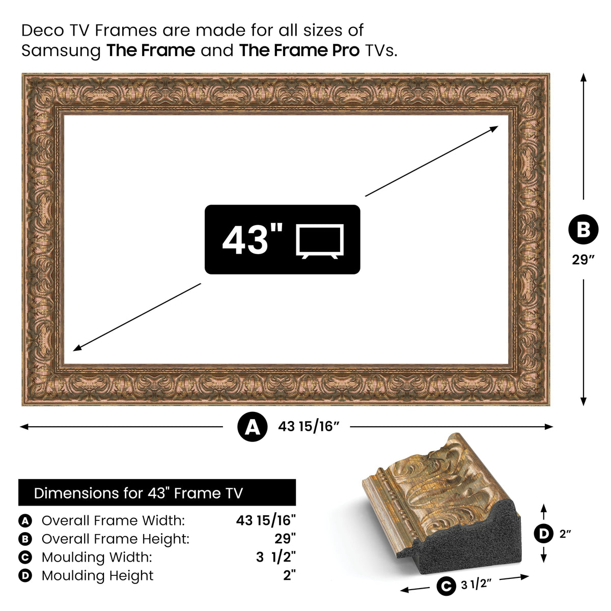 Frame My TV Tuscan Copper 43 Premiere Deco frame detail scrollwork captures room light shifts.