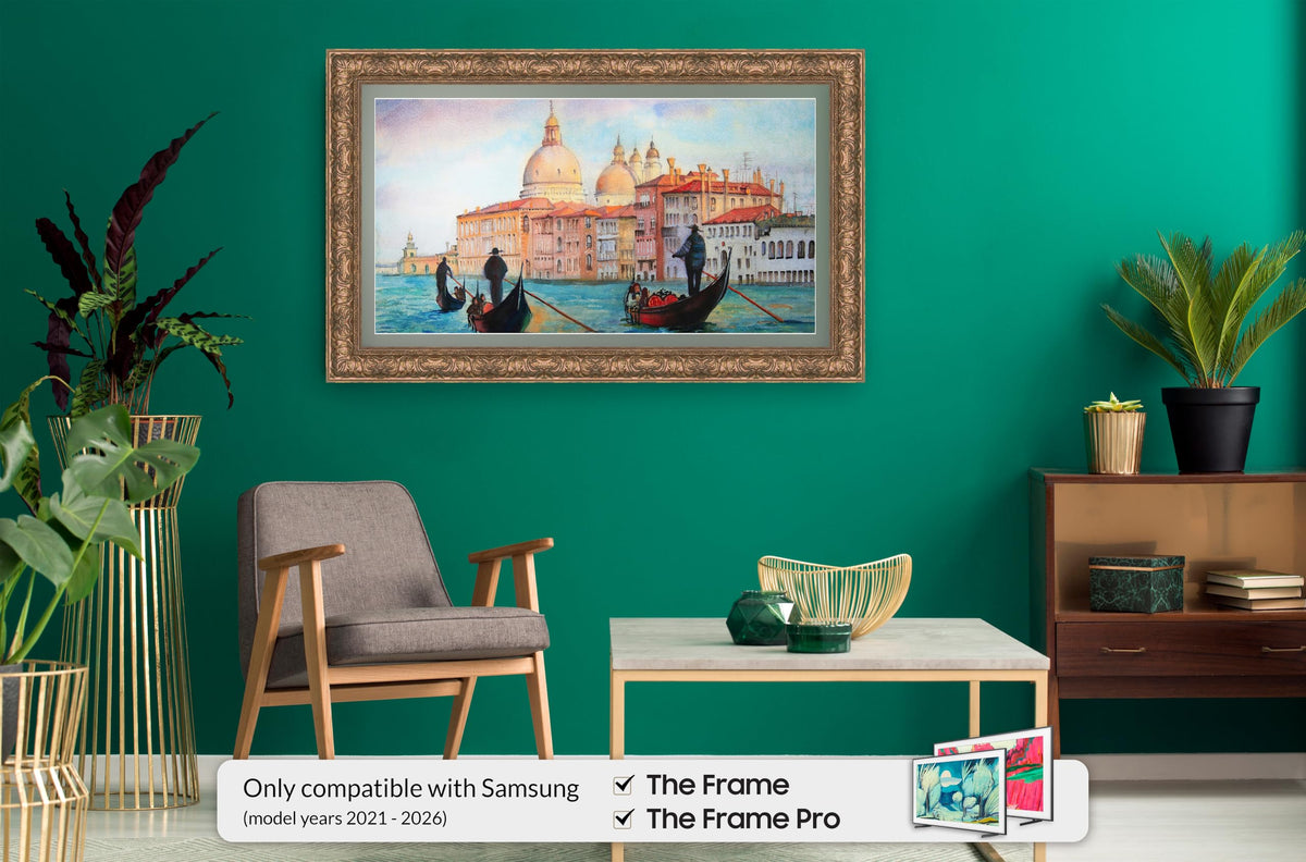 Frame My TV Tuscan Copper 43 Premiere Deco frame side view emphasizes slim 1.5 inch profile.