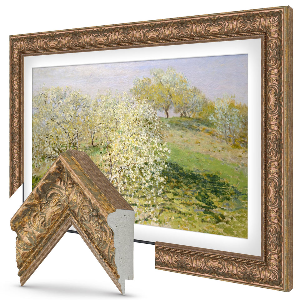 Frame My TV Tuscan Copper 85-inch front view enhances the Samsung Frame with a warm copper glow