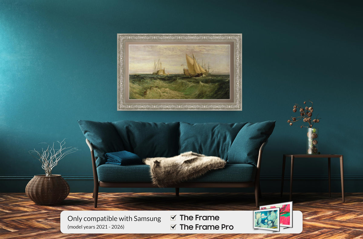 Frame My TV Tuscan Pearl 32 Premiere Deco close-up shows pearlescent relief finish.