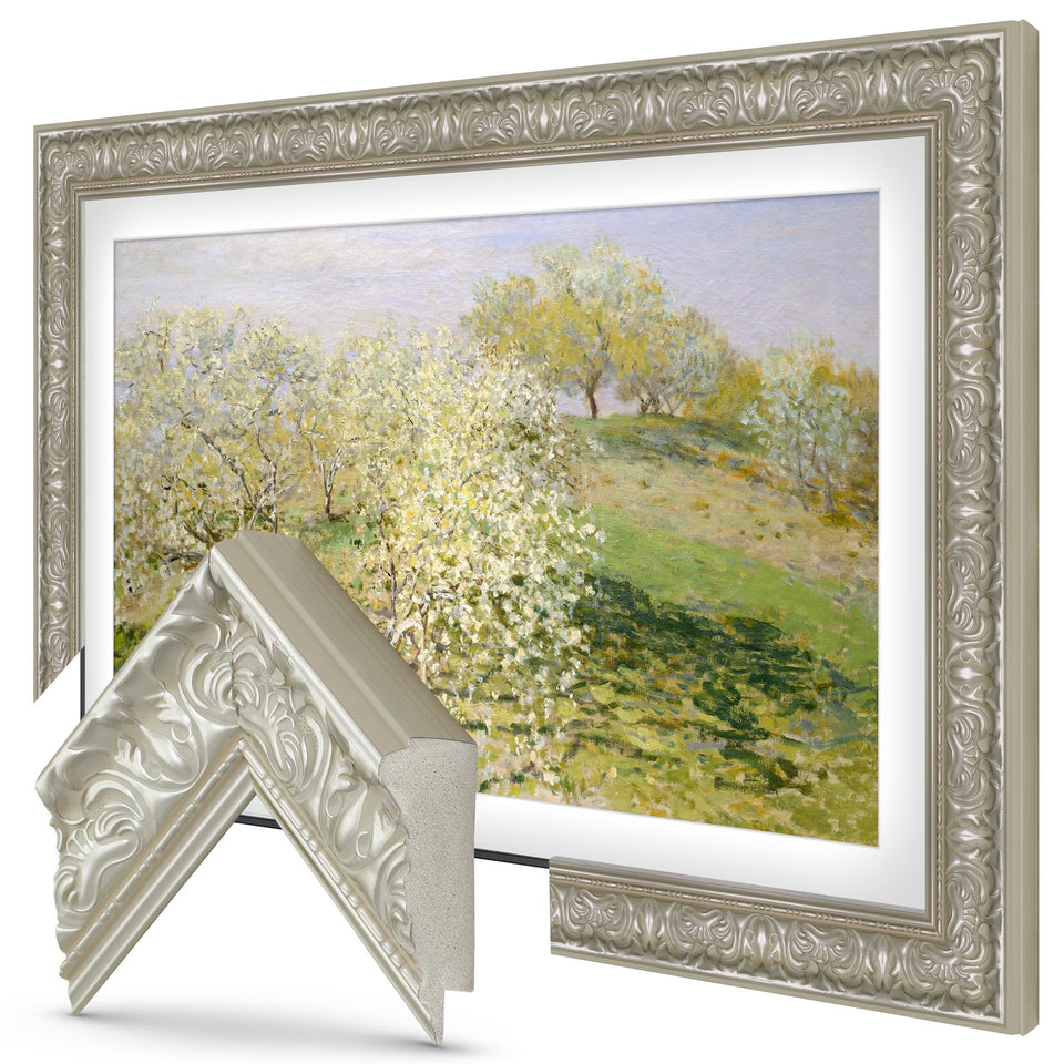 Frame My TV Tuscan Pearl 32 Premiere Deco frame side view highlights premium finish.