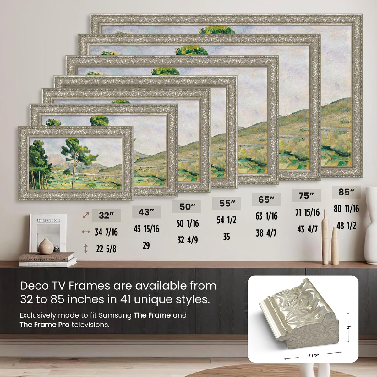 Frame My TV Tuscan Pearl 32 Premiere Deco USA-made craftsmanship.