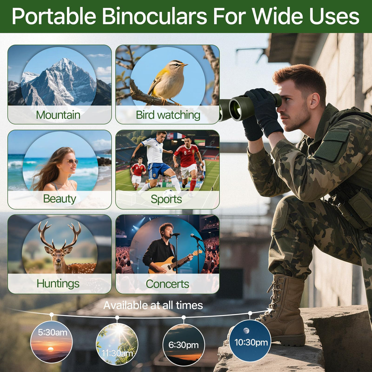 FREE SOLDIER binoculars in hand to show real-world size and portability