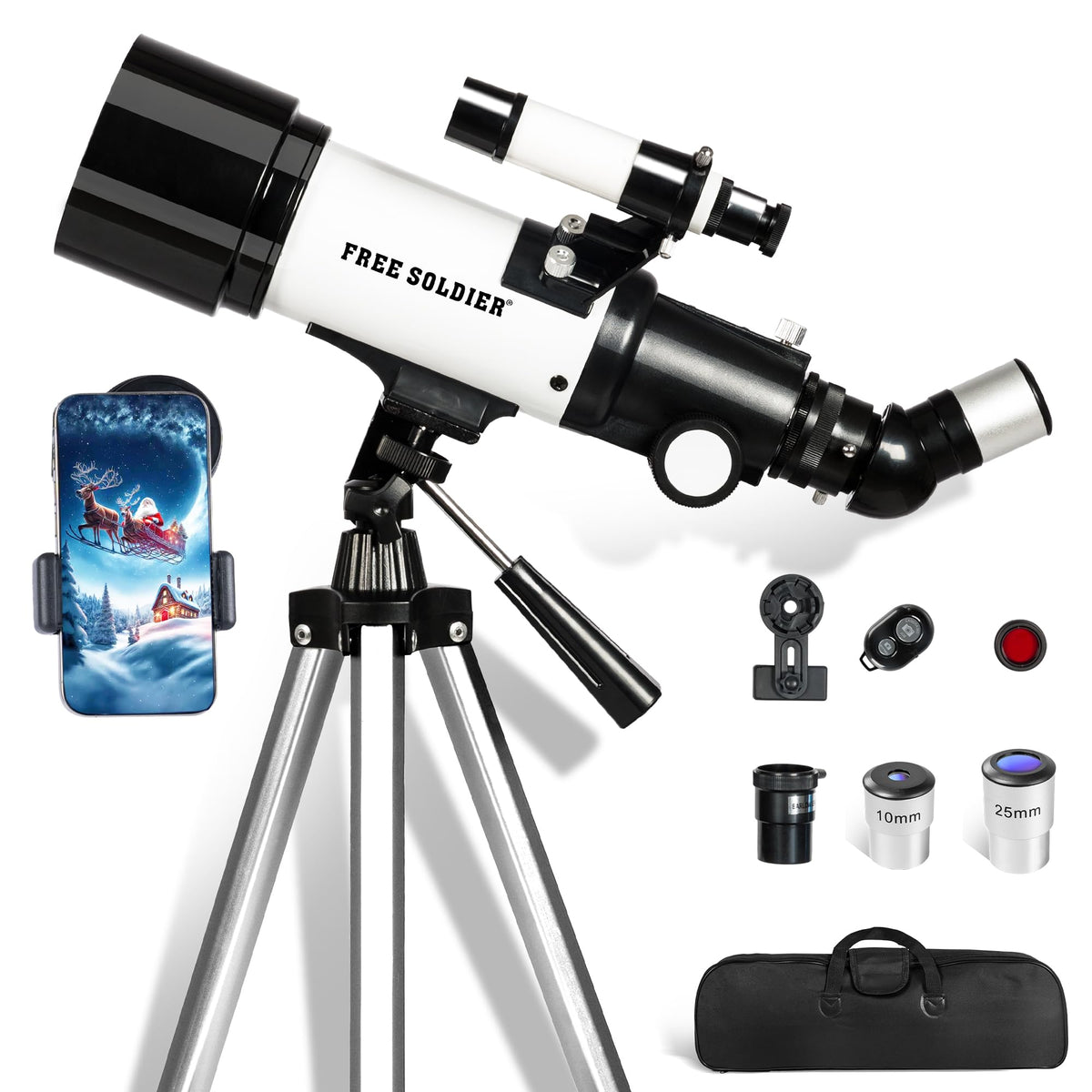 Free Soldier telescope 70mm aperture for bright night sky views.