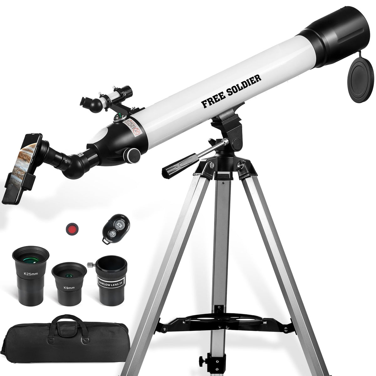 Free Soldier telescope front view showing sturdy beginner-friendly design for stargazing