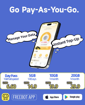 FREEBOT device showing 10GB US data preloaded for quick start.