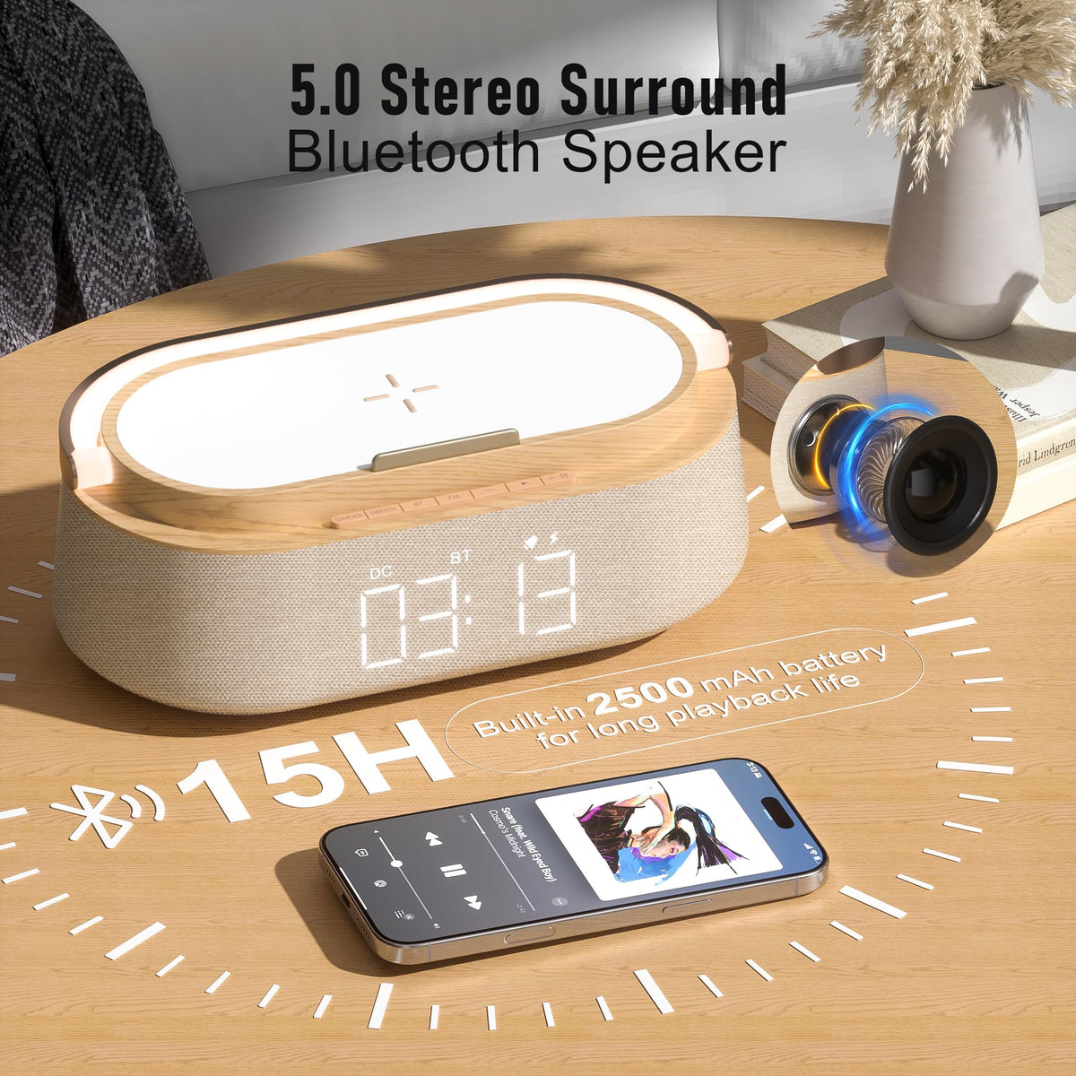 FREEFISH fabric-wrapped speaker close-up, premium texture improves room aesthetics