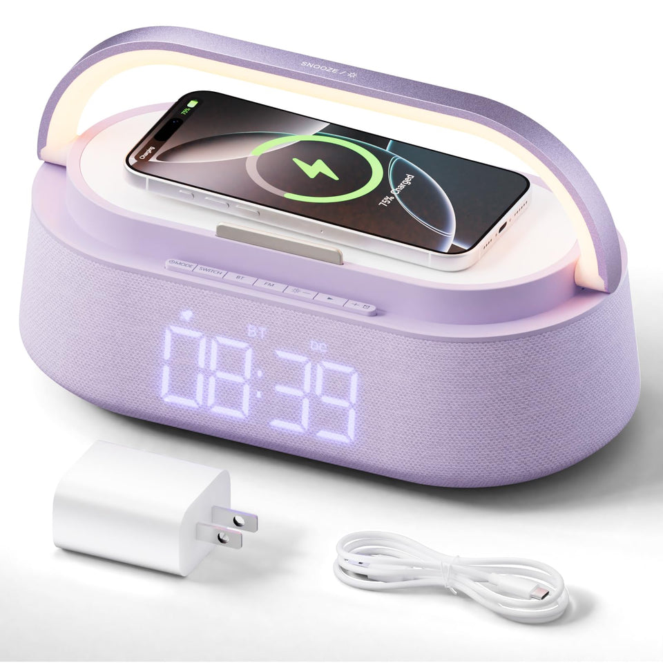 FREEFISH front view with phone showing convenient charging and tidy nightstand benefit