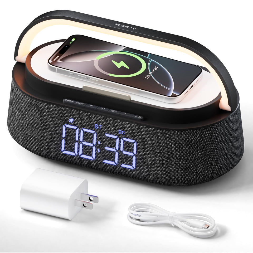 FREEFISH front view showing clock display and speakers for easy bedside control