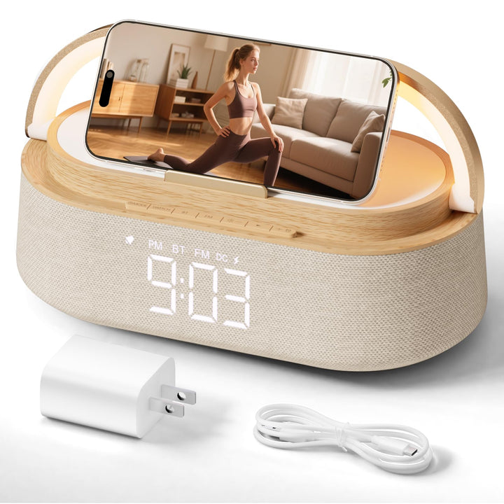 FREEFISH front view showing speaker and clock, clear bedside organization benefit