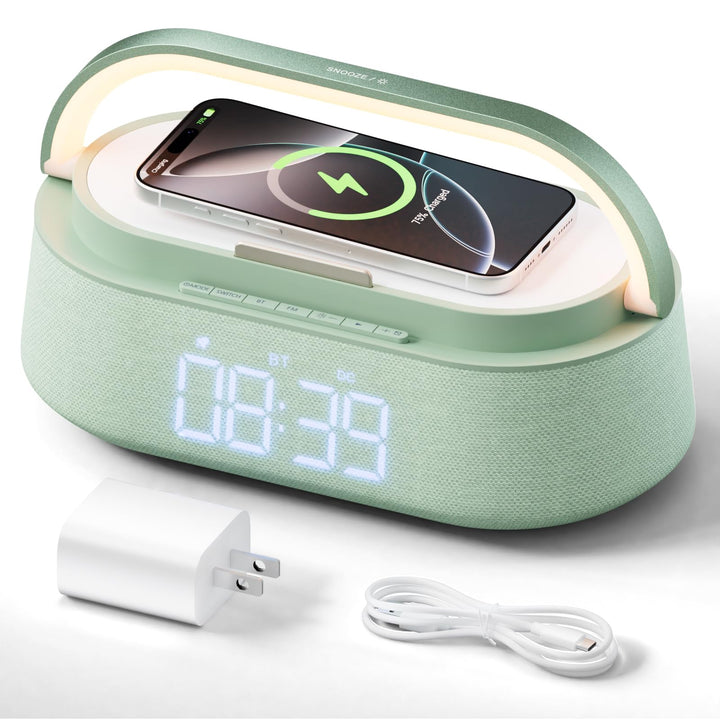FREEFISH front view showing clock, speaker, and charger for compact convenience
