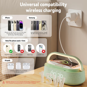 FREEFISH phone in built-in stand charging wirelessly for hands-free use