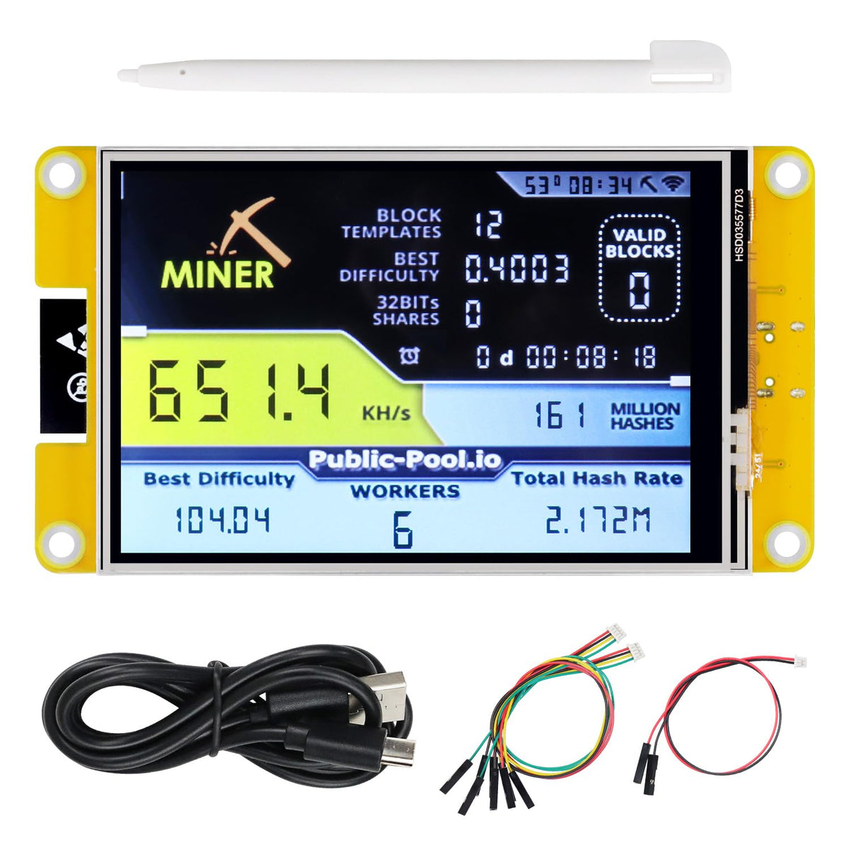 FREENOVE Bitcoin Miner Solo display: compact 3.5-inch screen for quick status checks.
