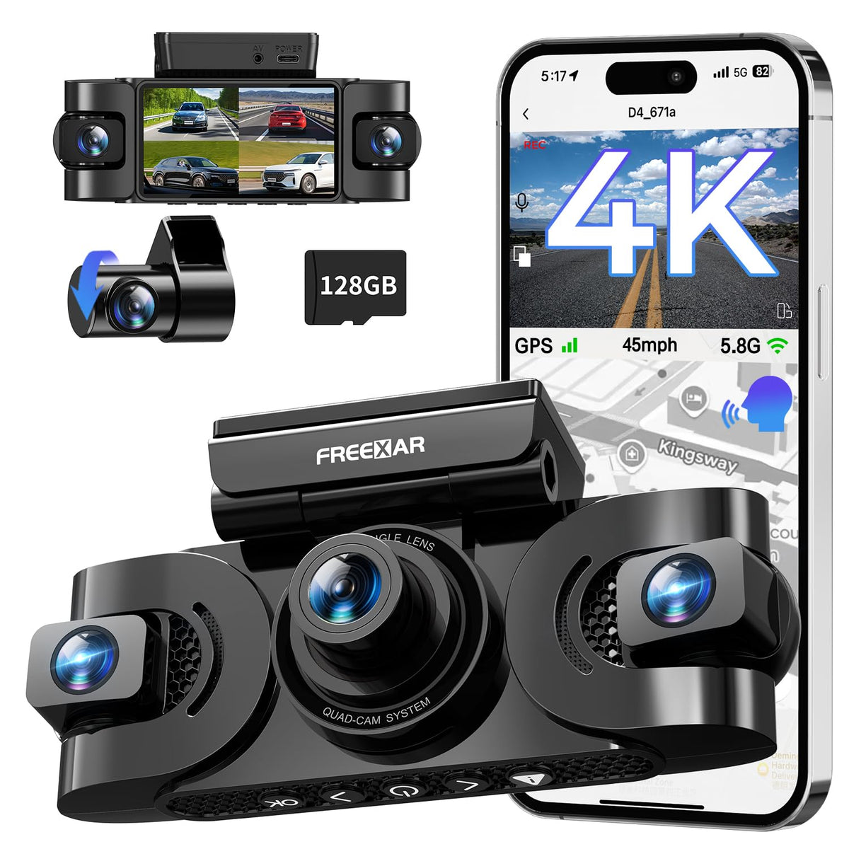 FREEXAR D4 front camera delivers 4K detail for license plates and road signs.