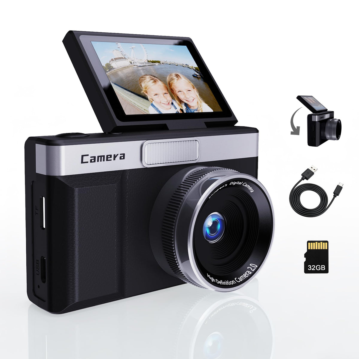Frelisty front view of black camera showing compact design and quick start benefits