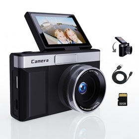 Frelisty front view of black camera showing compact design and quick start benefits